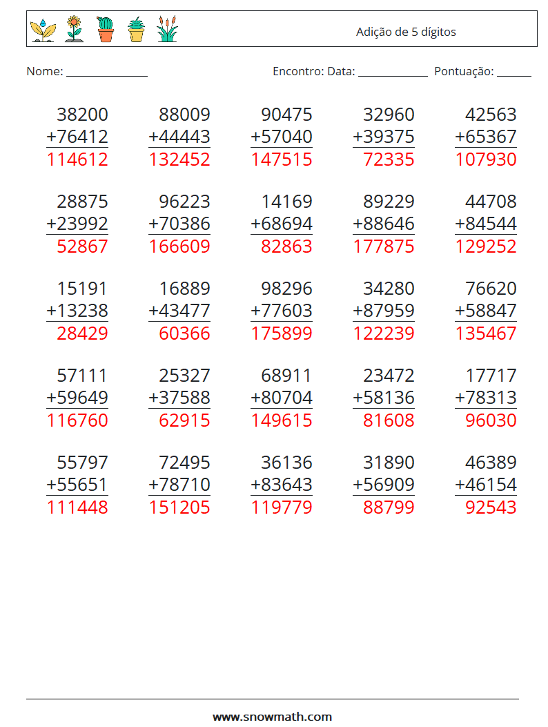 (25) Adição de 5 dígitos planilhas matemáticas 9 Pergunta, Resposta
