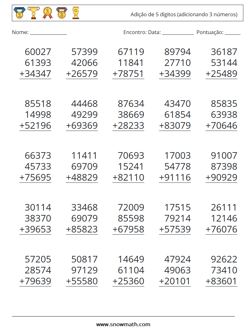 (25) Adição de 5 dígitos (adicionando 3 números) planilhas matemáticas 1