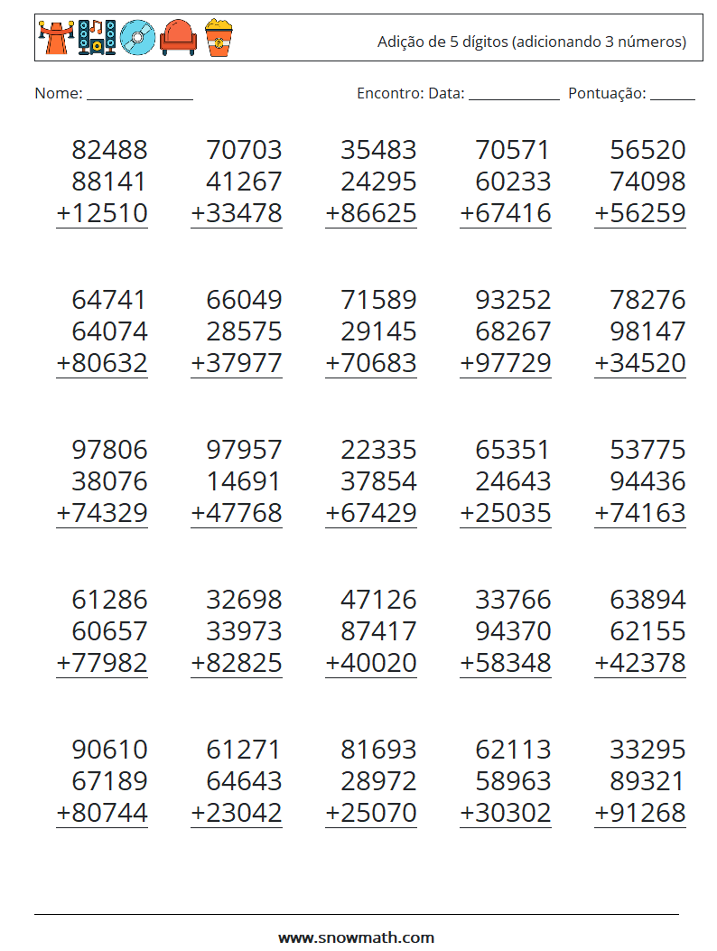 (25) Adição de 5 dígitos (adicionando 3 números) planilhas matemáticas 10