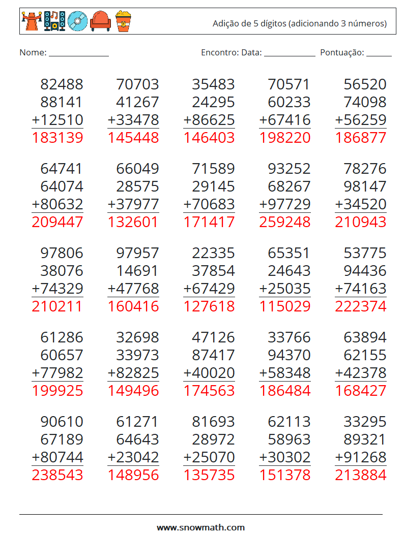 (25) Adição de 5 dígitos (adicionando 3 números) planilhas matemáticas 10 Pergunta, Resposta