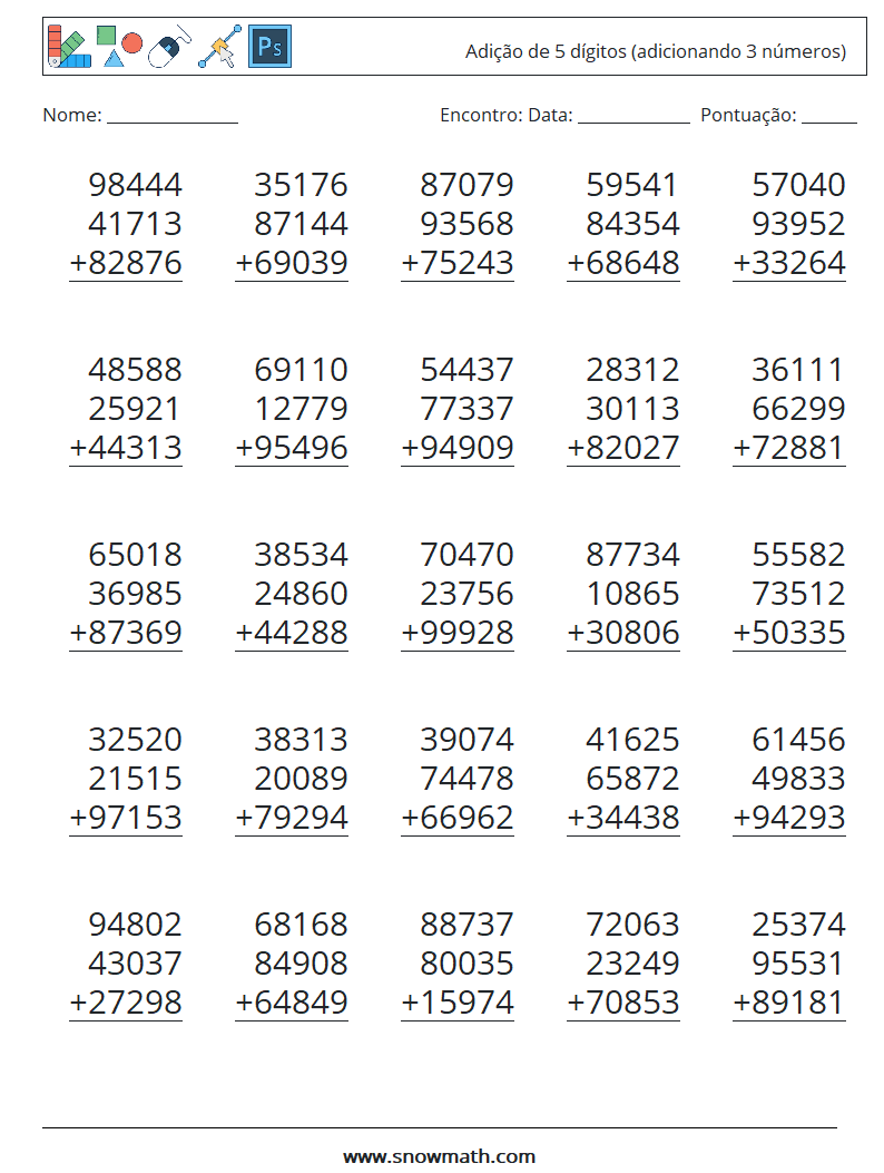 (25) Adição de 5 dígitos (adicionando 3 números) planilhas matemáticas 11