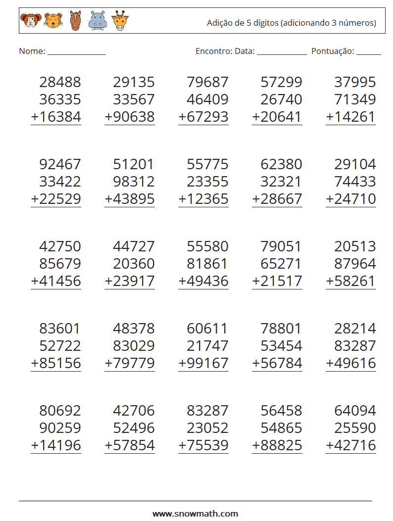 (25) Adição de 5 dígitos (adicionando 3 números) planilhas matemáticas 12