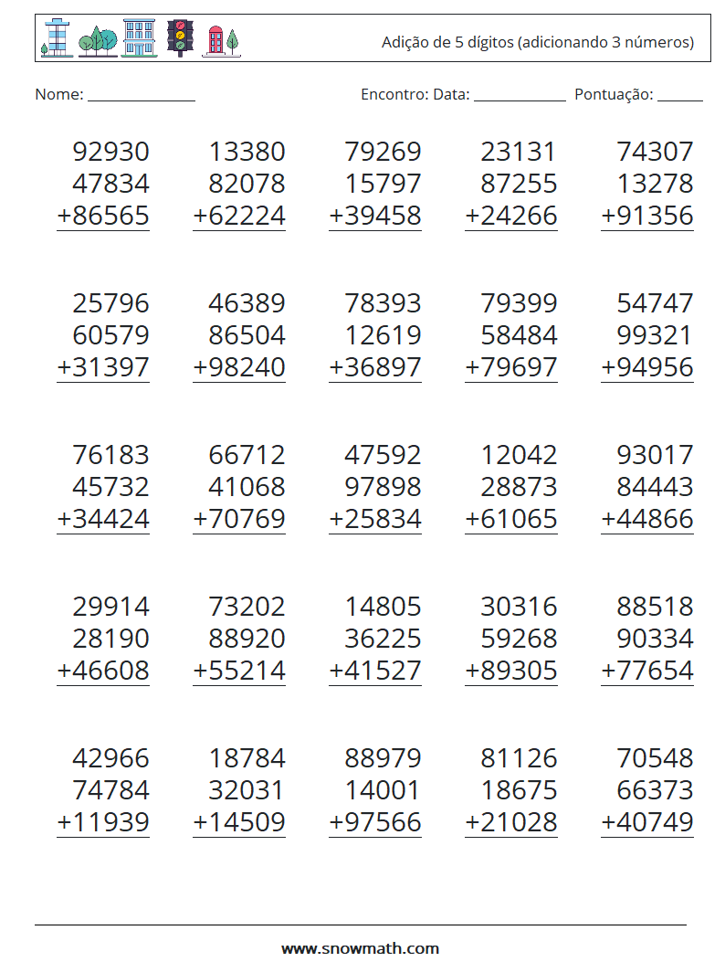 (25) Adição de 5 dígitos (adicionando 3 números) planilhas matemáticas 13