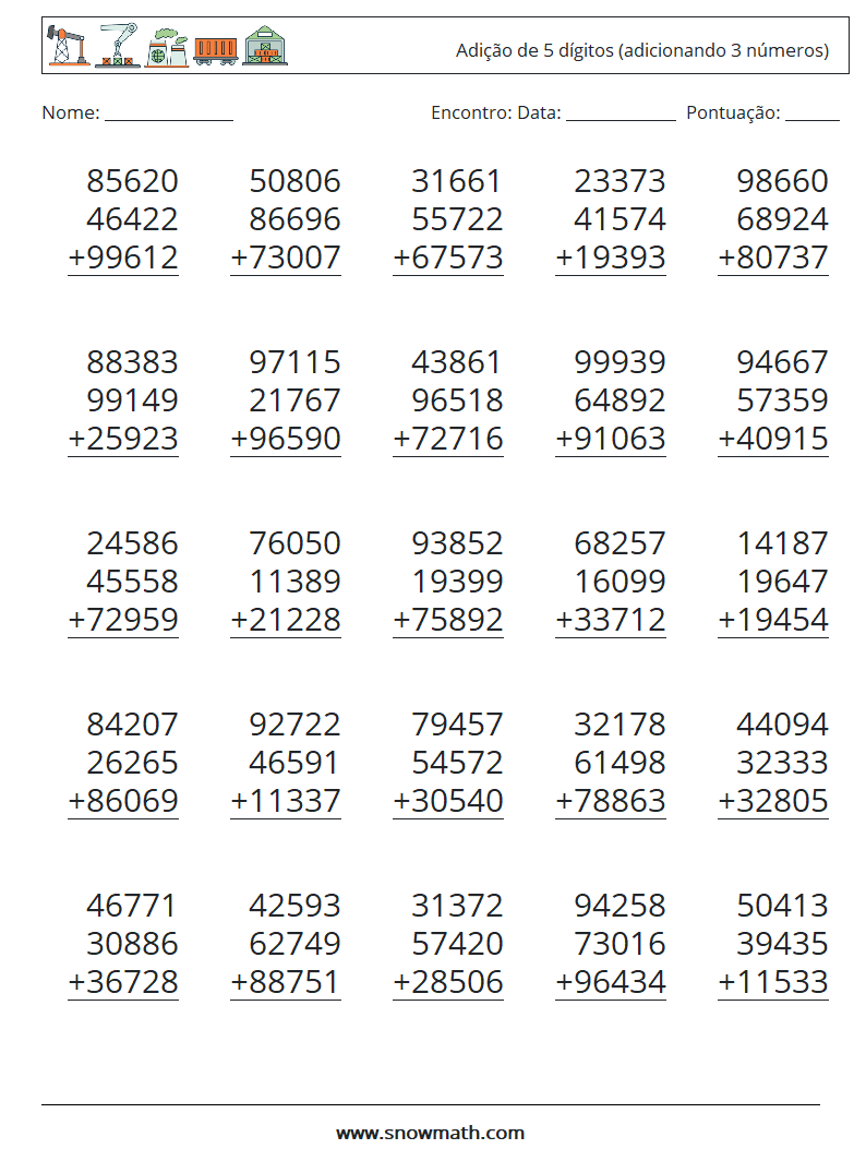 (25) Adição de 5 dígitos (adicionando 3 números) planilhas matemáticas 14