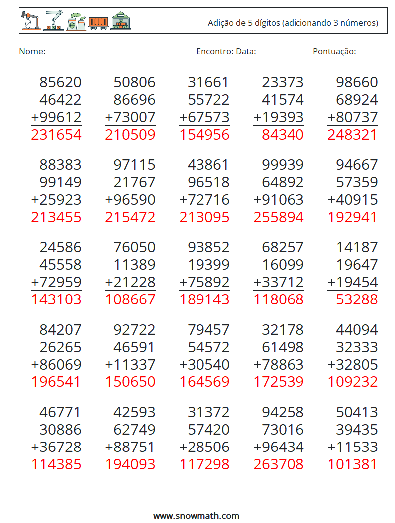 (25) Adição de 5 dígitos (adicionando 3 números) planilhas matemáticas 14 Pergunta, Resposta