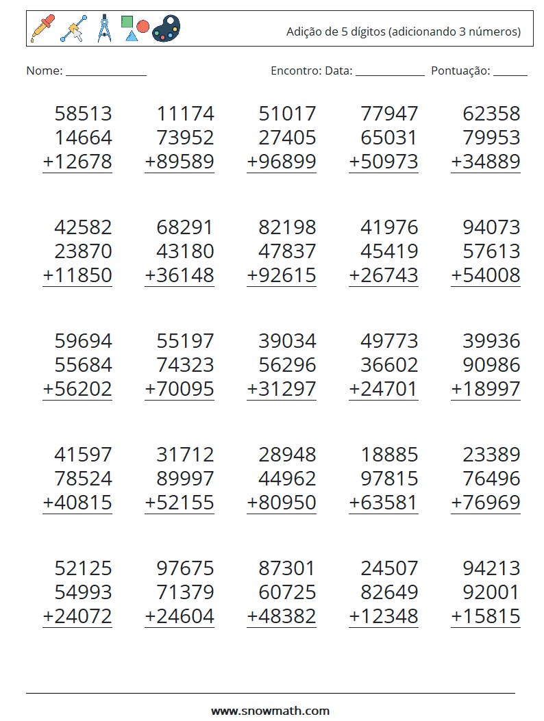 (25) Adição de 5 dígitos (adicionando 3 números) planilhas matemáticas 15