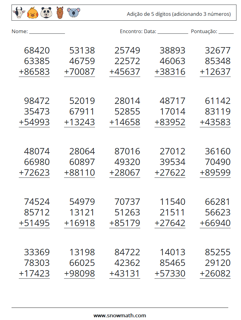 (25) Adição de 5 dígitos (adicionando 3 números) planilhas matemáticas 16