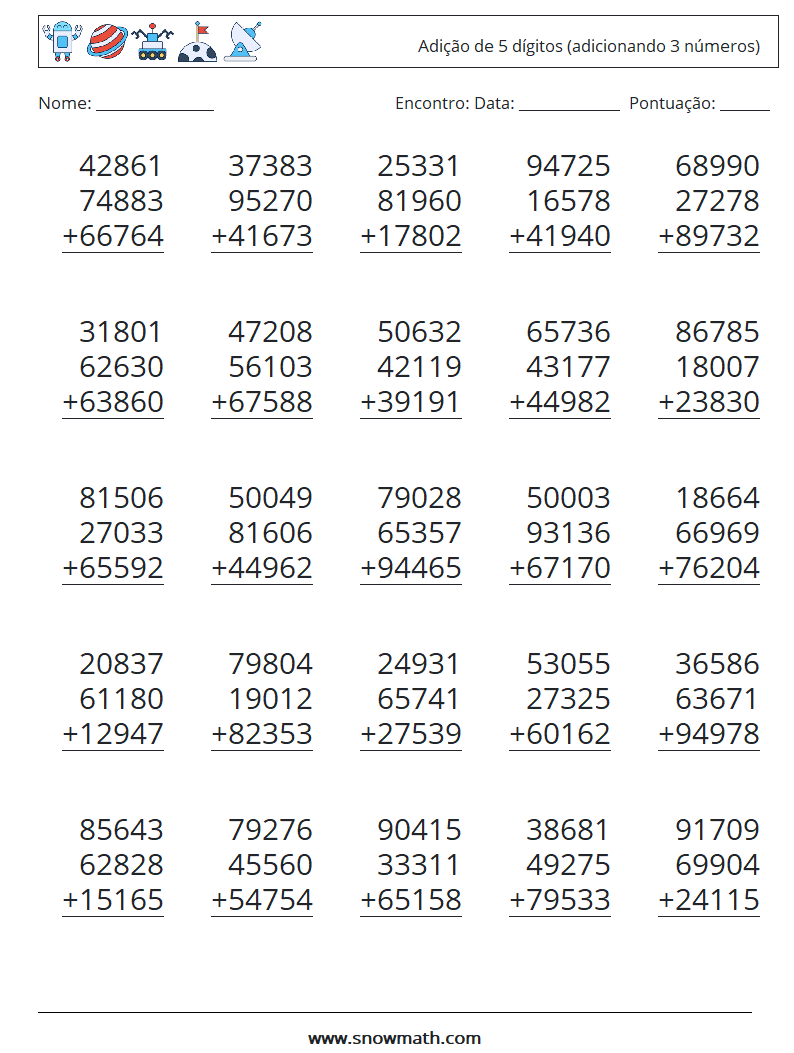 (25) Adição de 5 dígitos (adicionando 3 números) planilhas matemáticas 17