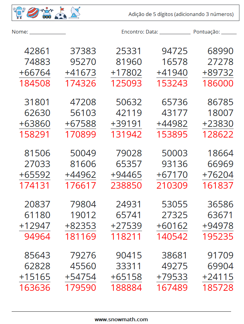 (25) Adição de 5 dígitos (adicionando 3 números) planilhas matemáticas 17 Pergunta, Resposta