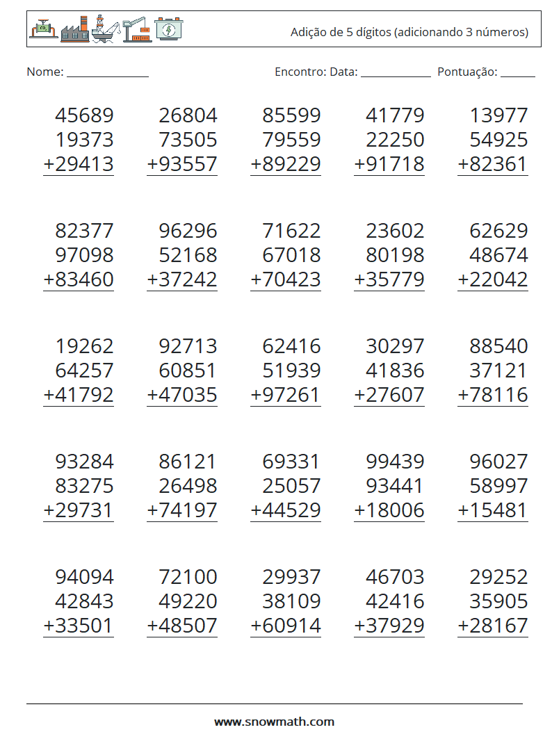 (25) Adição de 5 dígitos (adicionando 3 números) planilhas matemáticas 18