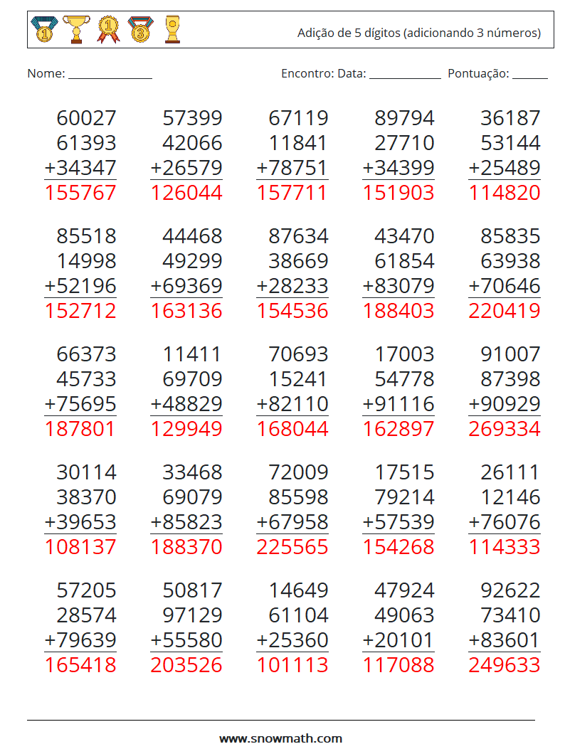 (25) Adição de 5 dígitos (adicionando 3 números) planilhas matemáticas 1 Pergunta, Resposta