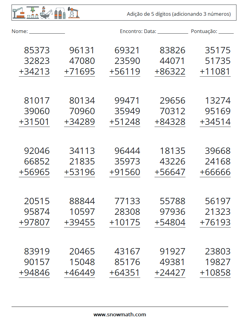 (25) Adição de 5 dígitos (adicionando 3 números) planilhas matemáticas 2