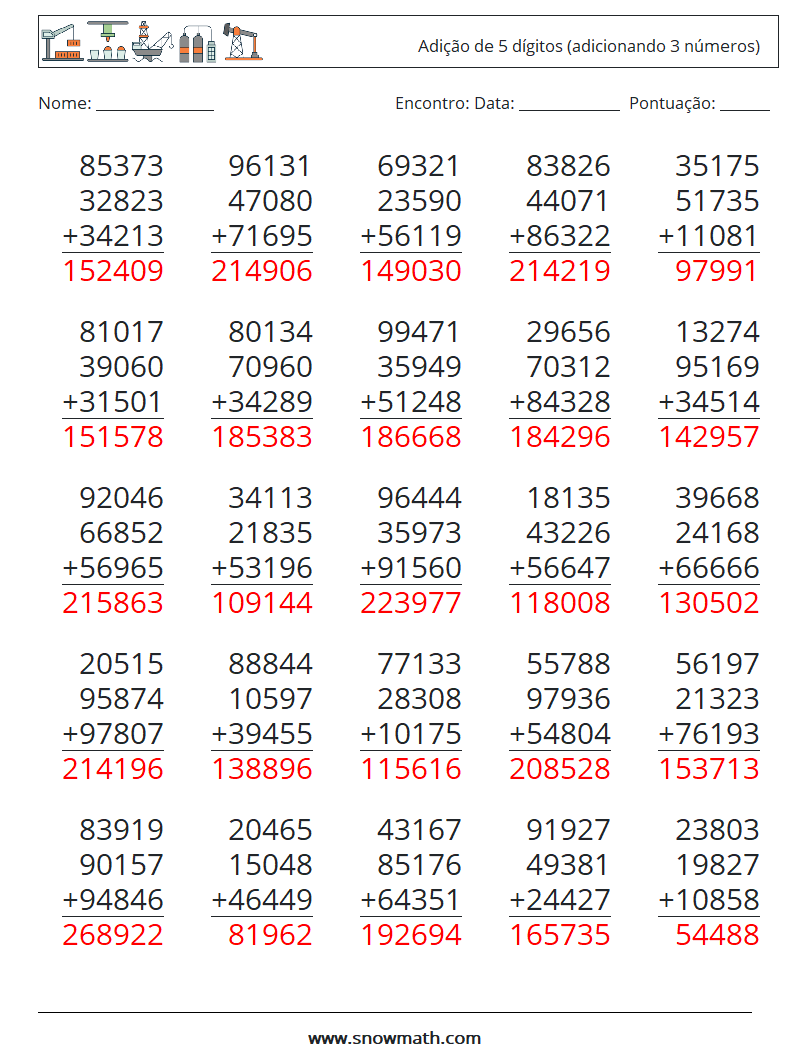 (25) Adição de 5 dígitos (adicionando 3 números) planilhas matemáticas 2 Pergunta, Resposta