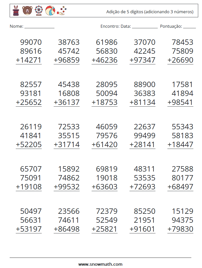 (25) Adição de 5 dígitos (adicionando 3 números) planilhas matemáticas 3