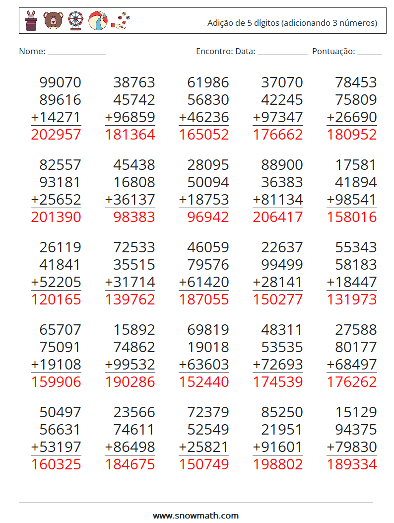 (25) Adição de 5 dígitos (adicionando 3 números) planilhas matemáticas 3 Pergunta, Resposta