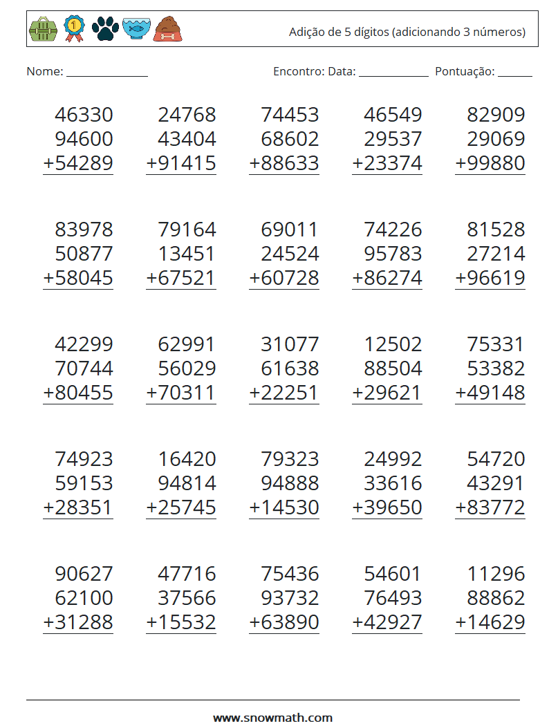 (25) Adição de 5 dígitos (adicionando 3 números) planilhas matemáticas 4