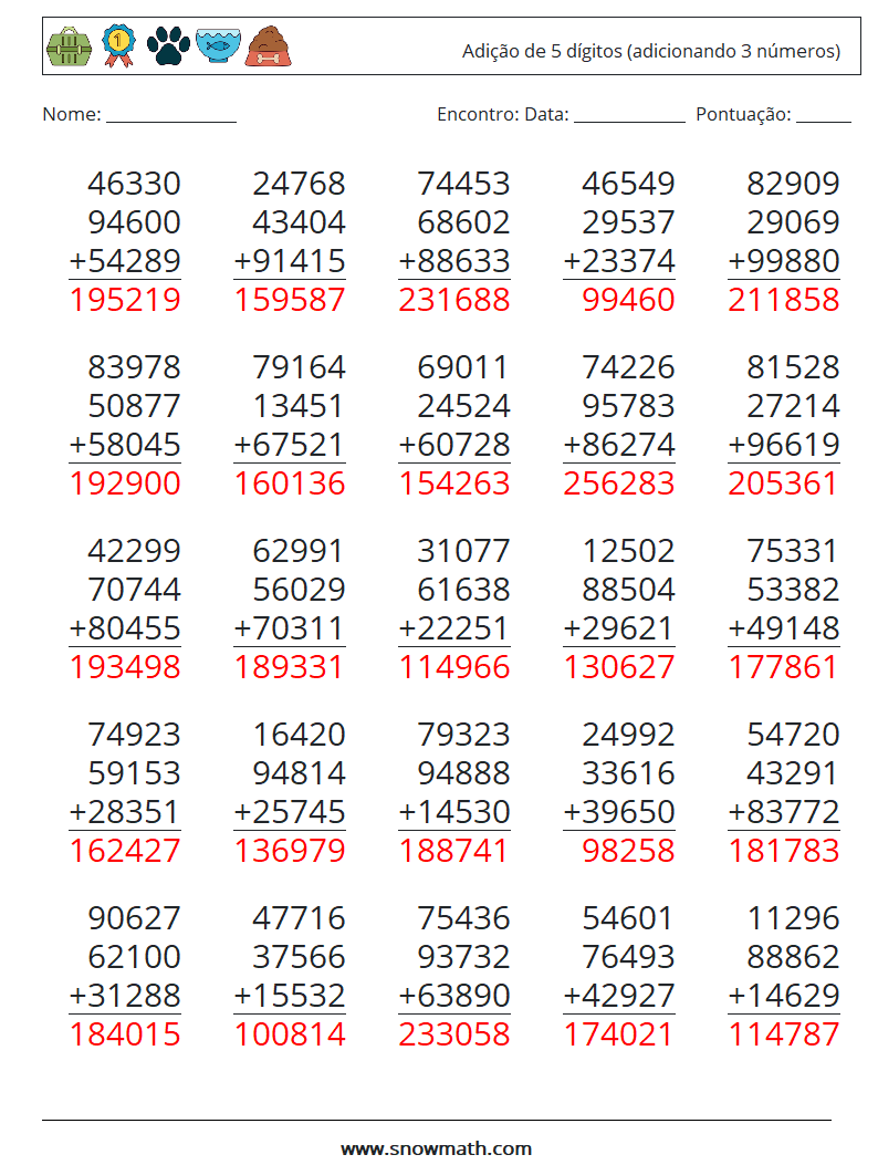 (25) Adição de 5 dígitos (adicionando 3 números) planilhas matemáticas 4 Pergunta, Resposta