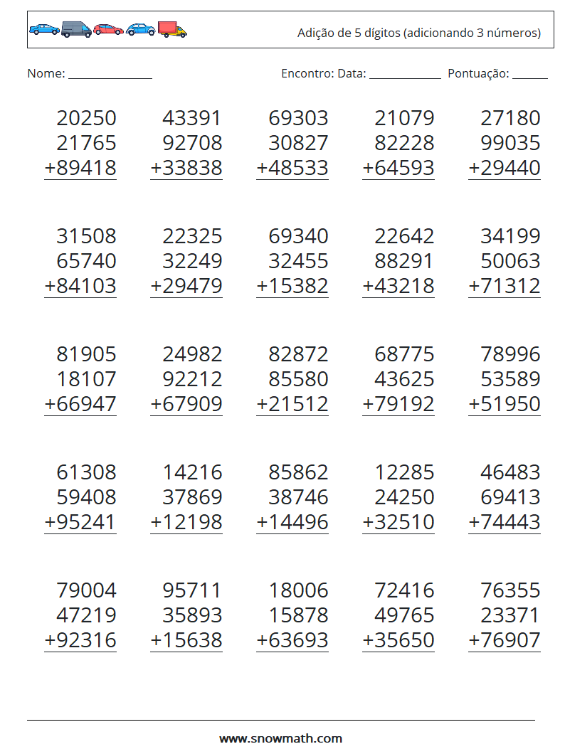 (25) Adição de 5 dígitos (adicionando 3 números) planilhas matemáticas 5