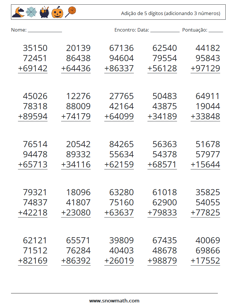 (25) Adição de 5 dígitos (adicionando 3 números) planilhas matemáticas 6