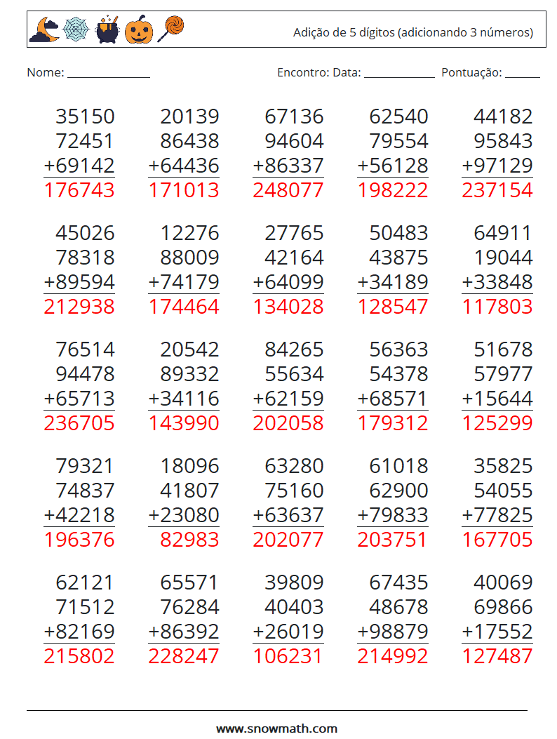 (25) Adição de 5 dígitos (adicionando 3 números) planilhas matemáticas 6 Pergunta, Resposta