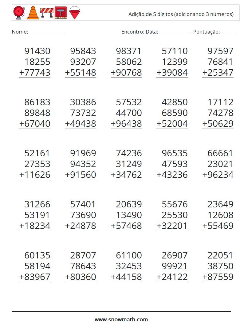 (25) Adição de 5 dígitos (adicionando 3 números) planilhas matemáticas 7