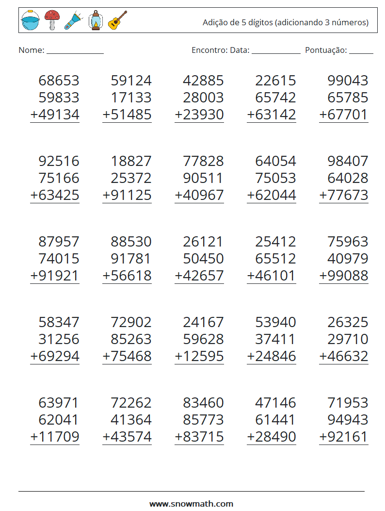 (25) Adição de 5 dígitos (adicionando 3 números) planilhas matemáticas 8