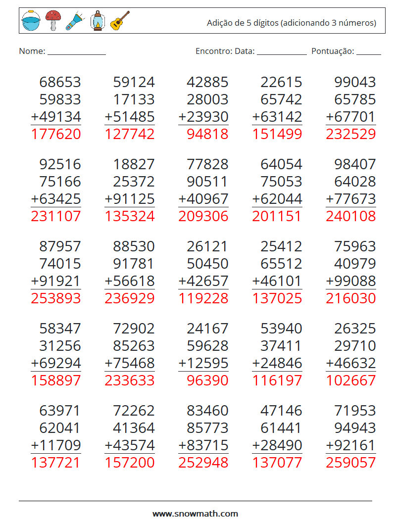 (25) Adição de 5 dígitos (adicionando 3 números) planilhas matemáticas 8 Pergunta, Resposta