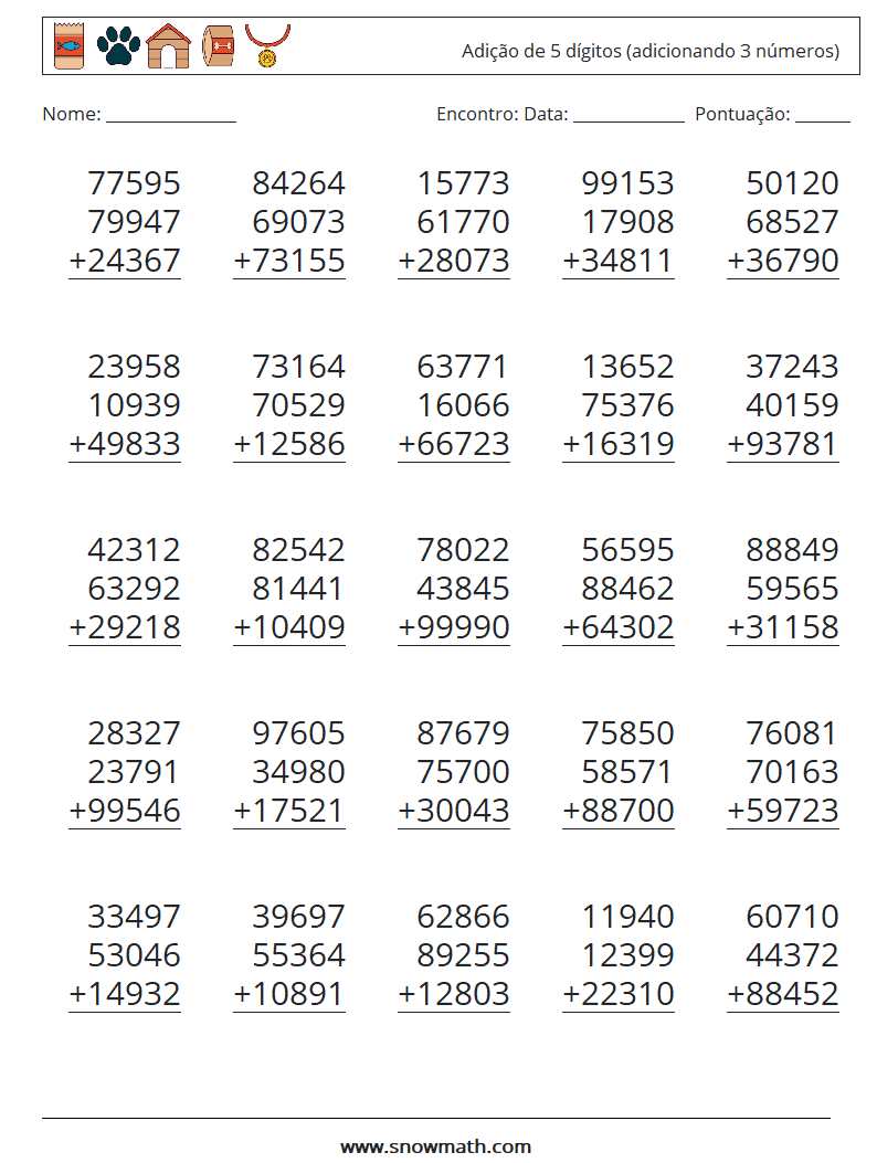 (25) Adição de 5 dígitos (adicionando 3 números) planilhas matemáticas 9