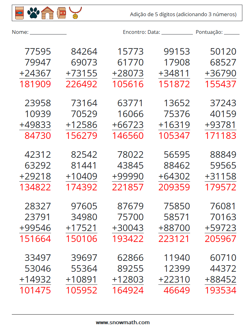 (25) Adição de 5 dígitos (adicionando 3 números) planilhas matemáticas 9 Pergunta, Resposta