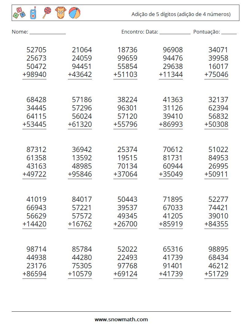 (25) Adição de 5 dígitos (adição de 4 números) planilhas matemáticas 1