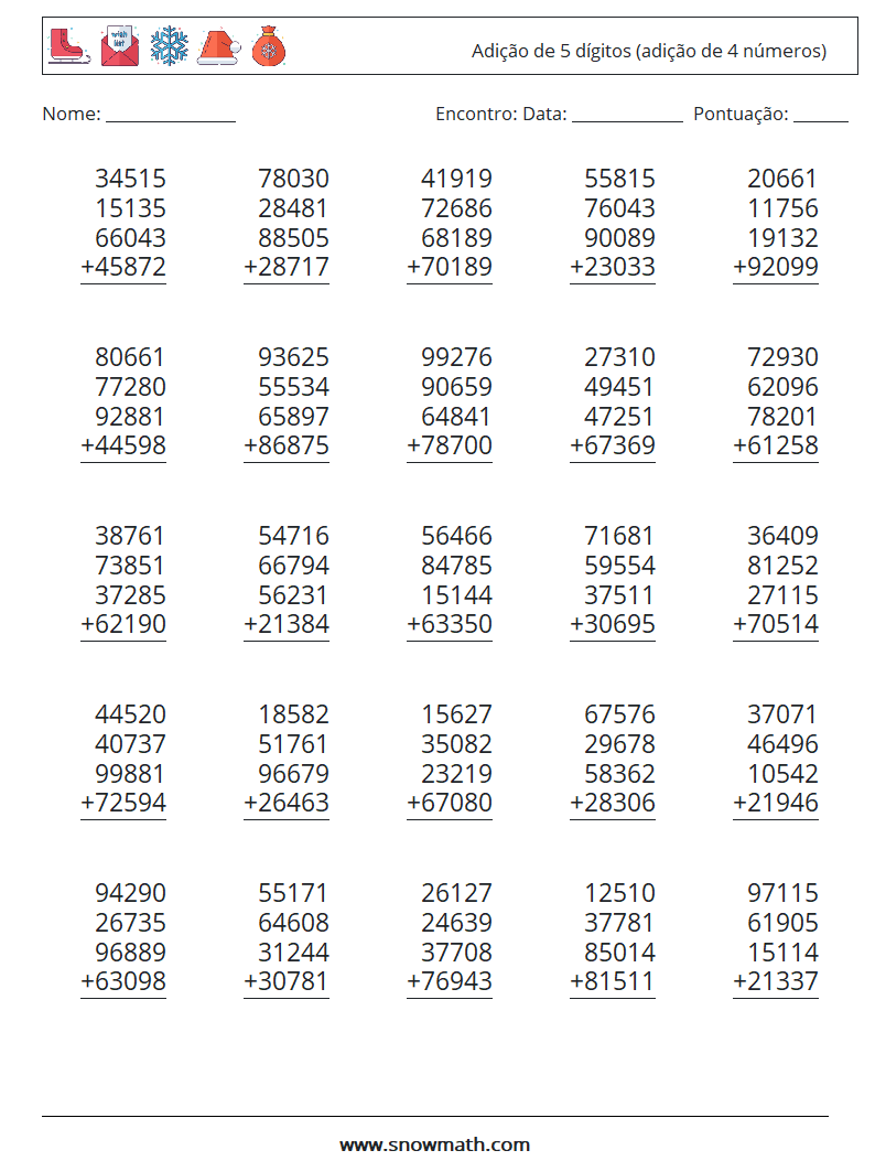 (25) Adição de 5 dígitos (adição de 4 números) planilhas matemáticas 10