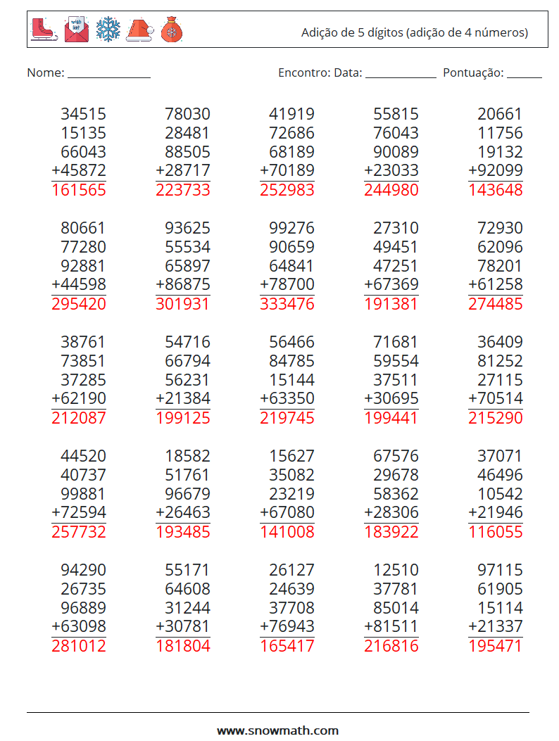 (25) Adição de 5 dígitos (adição de 4 números) planilhas matemáticas 10 Pergunta, Resposta