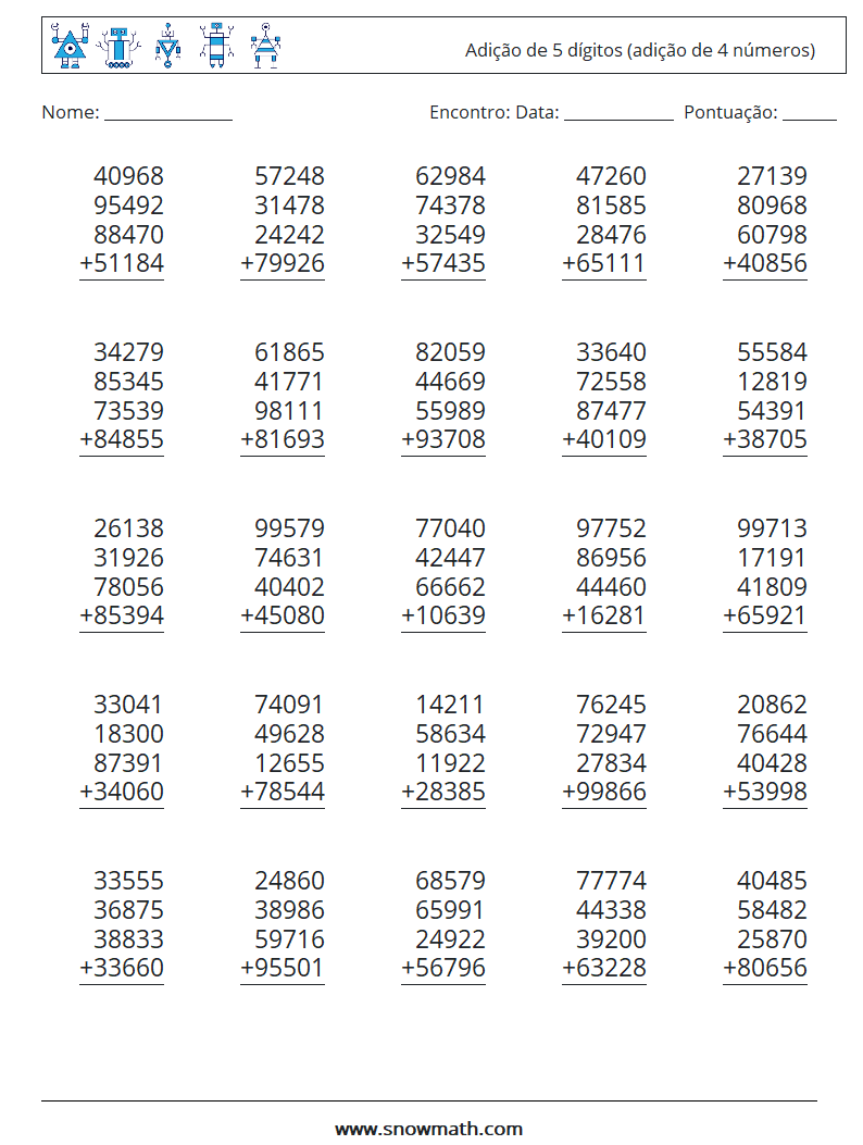 (25) Adição de 5 dígitos (adição de 4 números) planilhas matemáticas 11