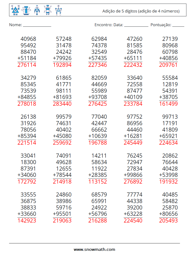 (25) Adição de 5 dígitos (adição de 4 números) planilhas matemáticas 11 Pergunta, Resposta