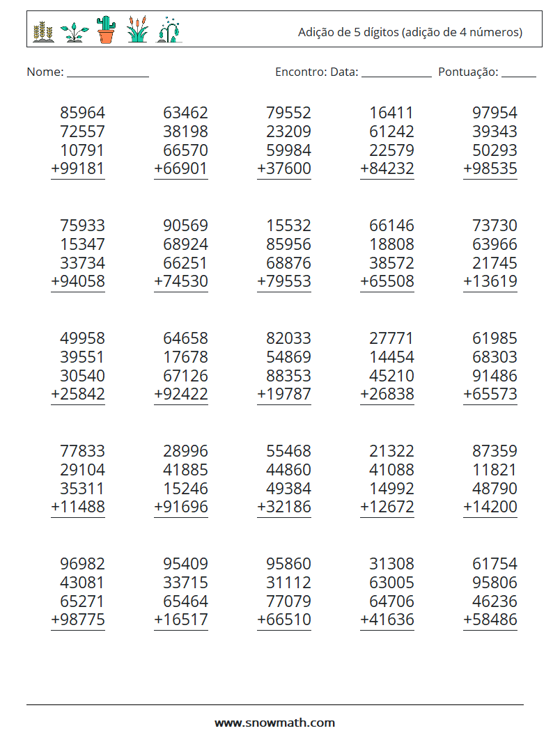 (25) Adição de 5 dígitos (adição de 4 números) planilhas matemáticas 12