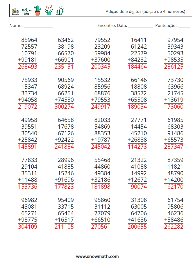 (25) Adição de 5 dígitos (adição de 4 números) planilhas matemáticas 12 Pergunta, Resposta