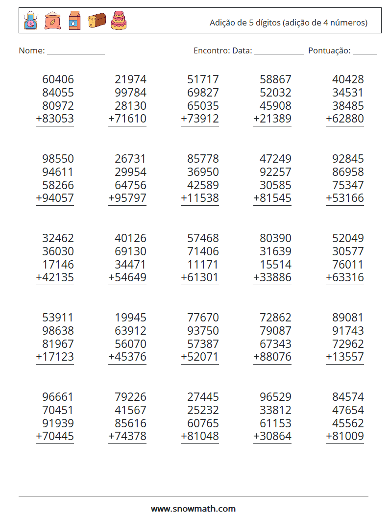 (25) Adição de 5 dígitos (adição de 4 números) planilhas matemáticas 13