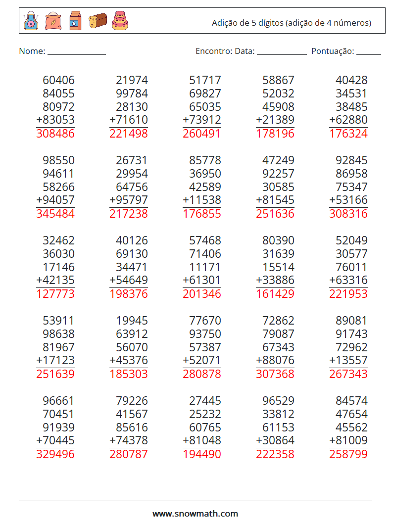 (25) Adição de 5 dígitos (adição de 4 números) planilhas matemáticas 13 Pergunta, Resposta