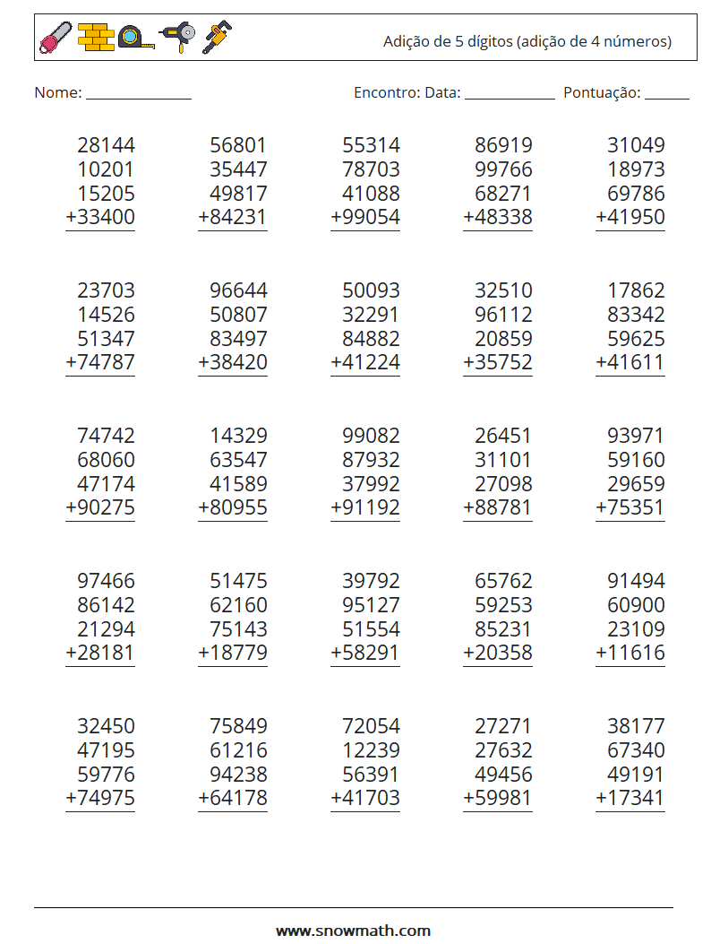 (25) Adição de 5 dígitos (adição de 4 números) planilhas matemáticas 14