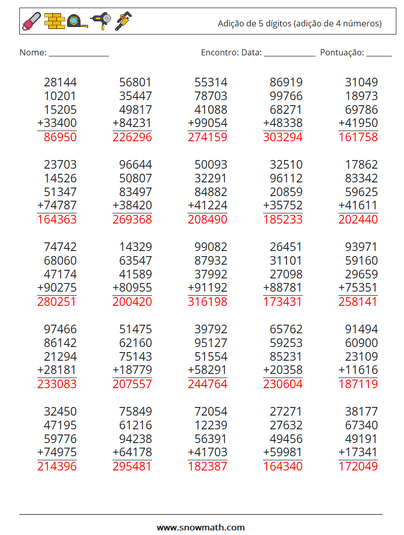 (25) Adição de 5 dígitos (adição de 4 números) planilhas matemáticas 14 Pergunta, Resposta