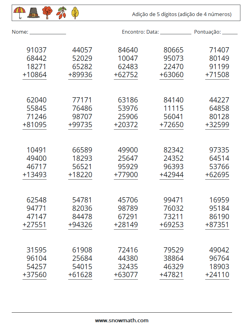 (25) Adição de 5 dígitos (adição de 4 números) planilhas matemáticas 15