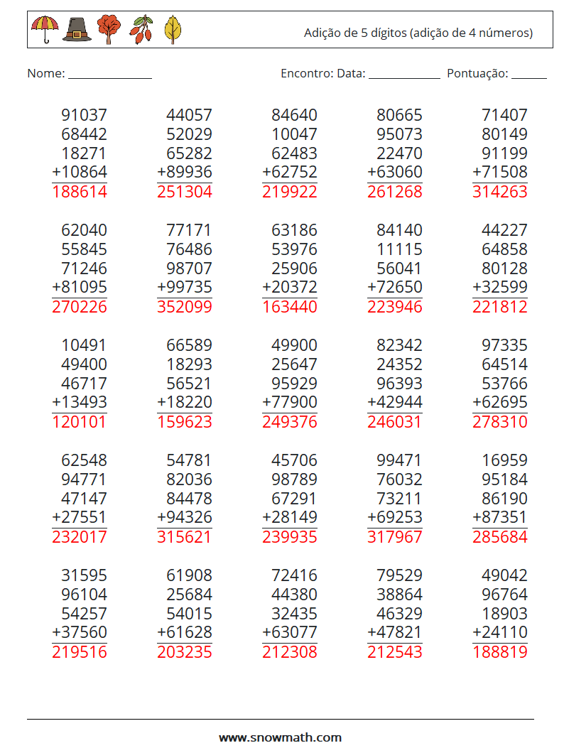 (25) Adição de 5 dígitos (adição de 4 números) planilhas matemáticas 15 Pergunta, Resposta