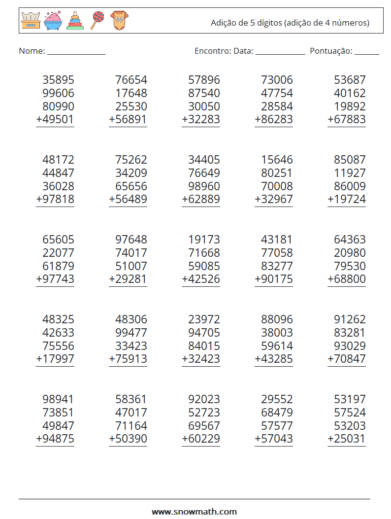 (25) Adição de 5 dígitos (adição de 4 números) planilhas matemáticas 16