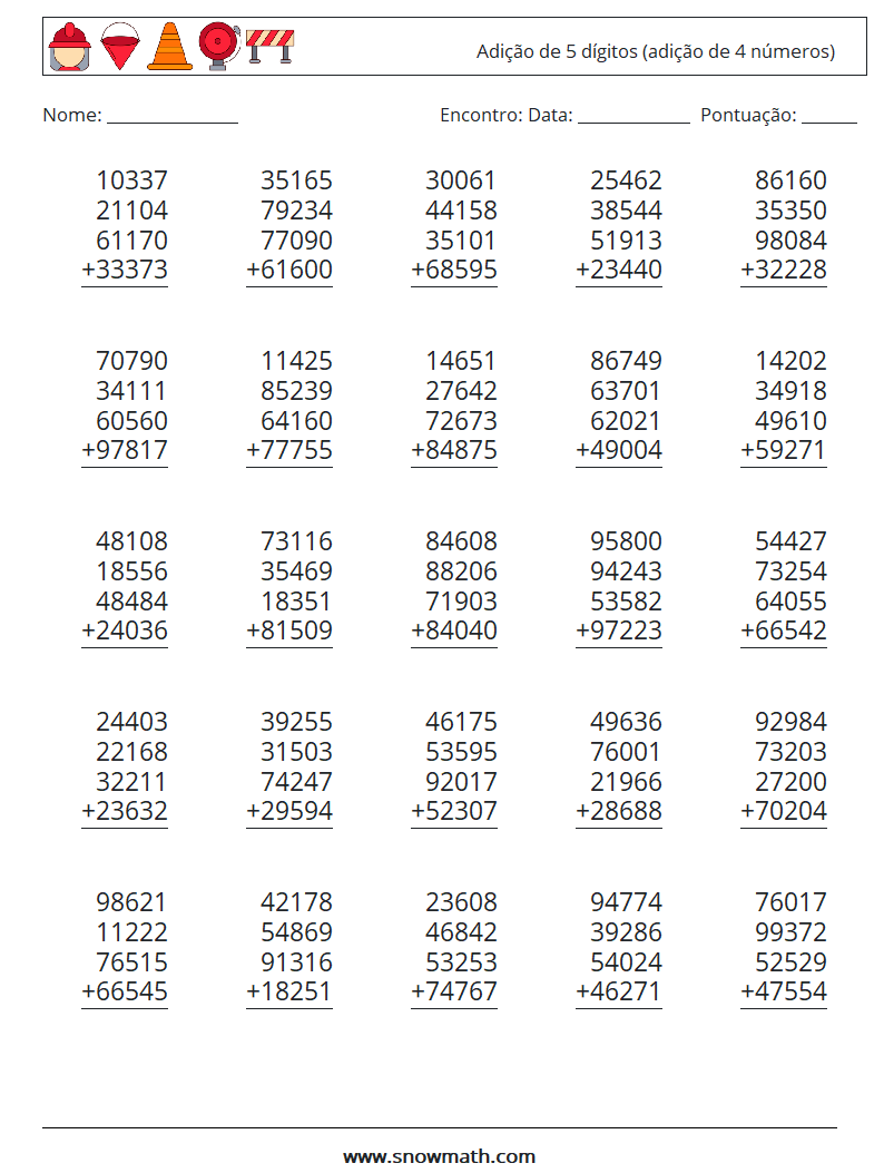 (25) Adição de 5 dígitos (adição de 4 números) planilhas matemáticas 17