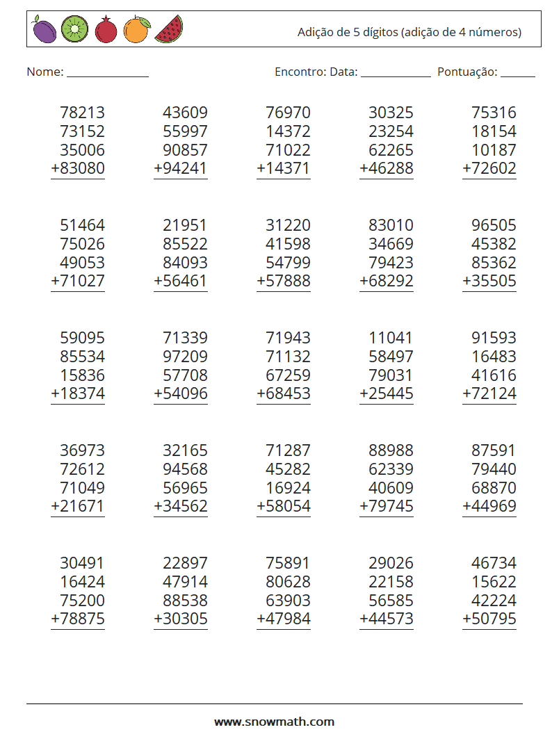 (25) Adição de 5 dígitos (adição de 4 números) planilhas matemáticas 18