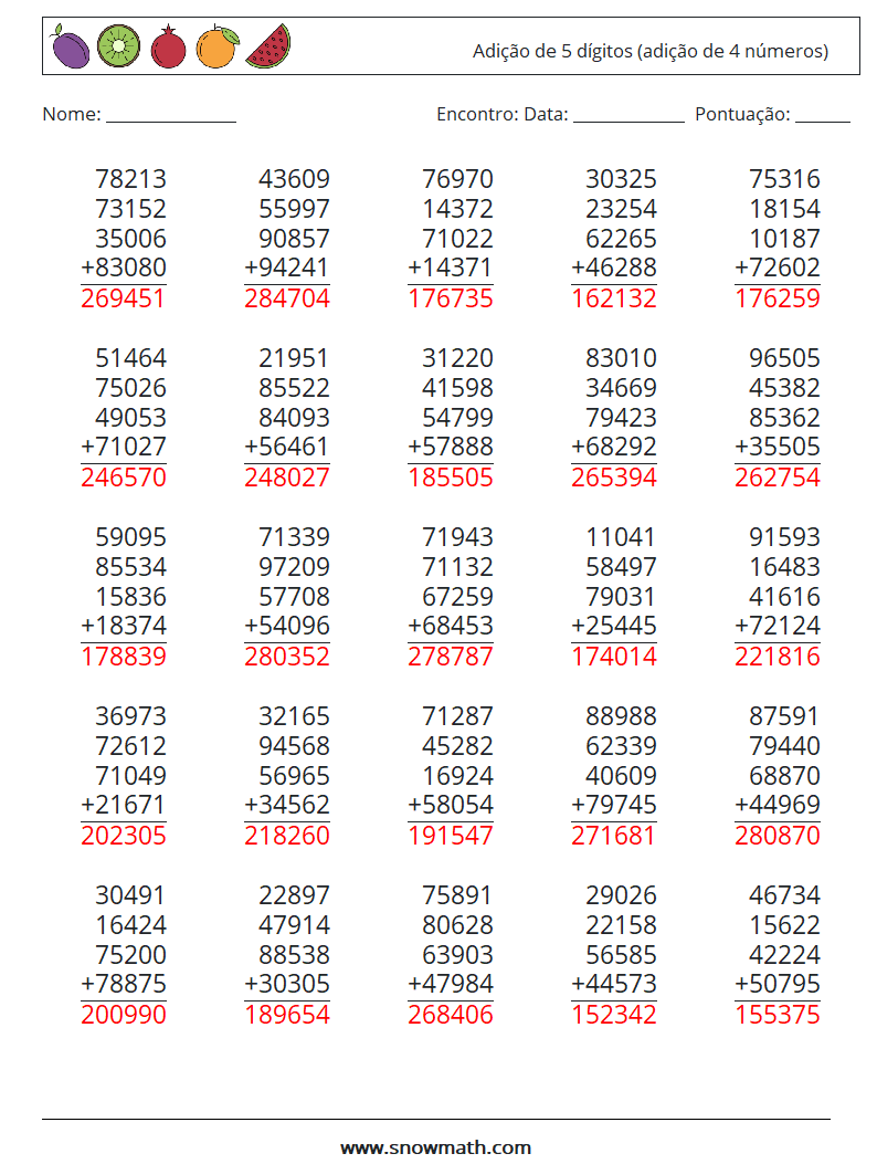 (25) Adição de 5 dígitos (adição de 4 números) planilhas matemáticas 18 Pergunta, Resposta