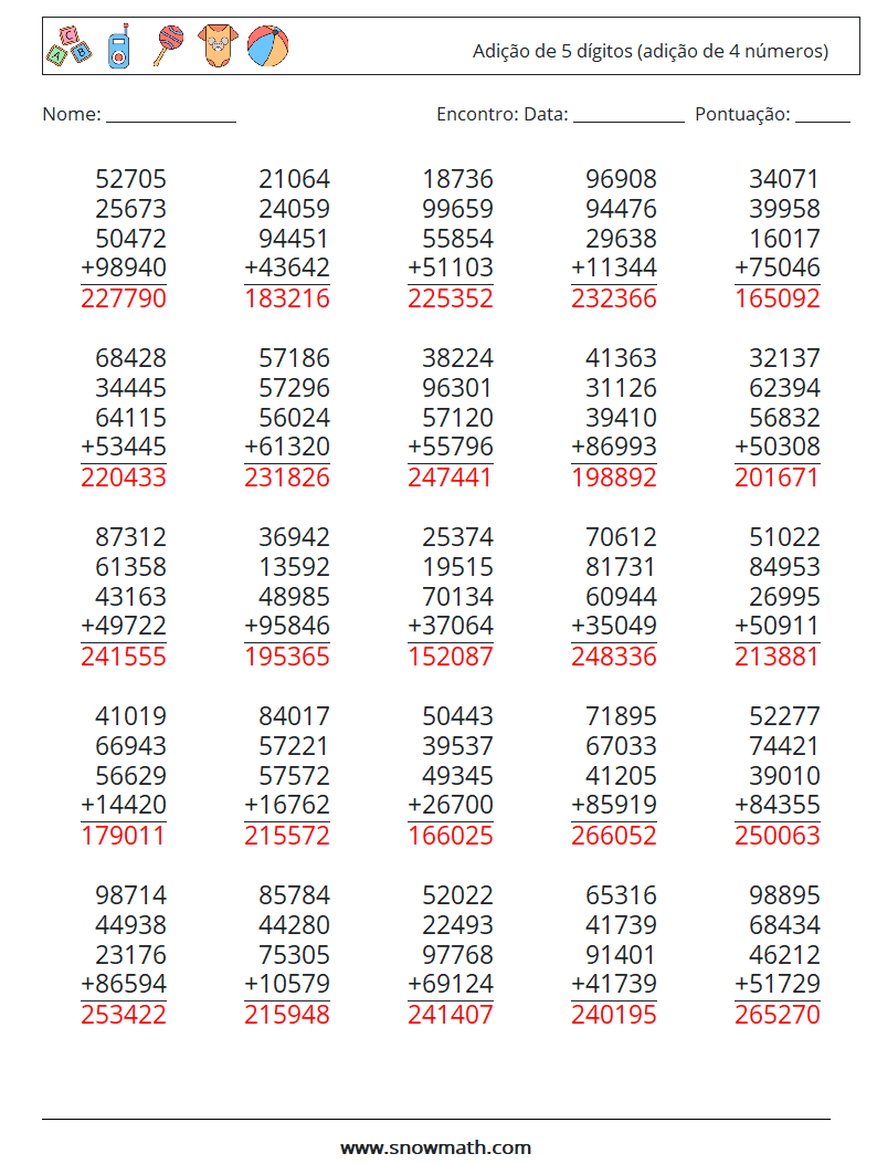 (25) Adição de 5 dígitos (adição de 4 números) planilhas matemáticas 1 Pergunta, Resposta