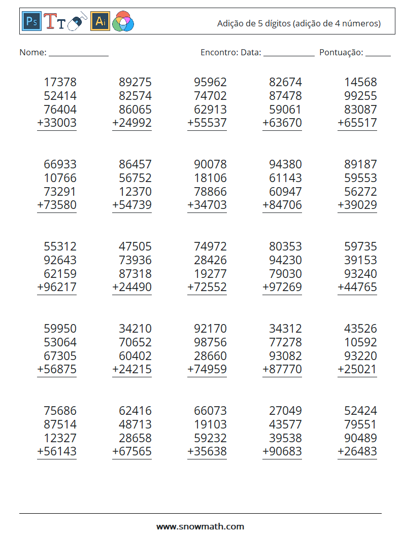 (25) Adição de 5 dígitos (adição de 4 números) planilhas matemáticas 2