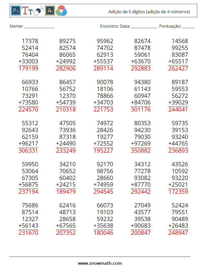 (25) Adição de 5 dígitos (adição de 4 números) planilhas matemáticas 2 Pergunta, Resposta