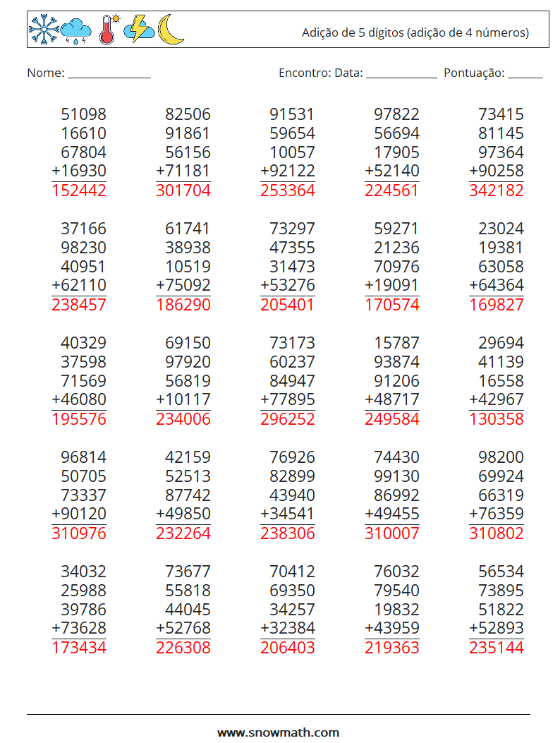 (25) Adição de 5 dígitos (adição de 4 números) planilhas matemáticas 3 Pergunta, Resposta